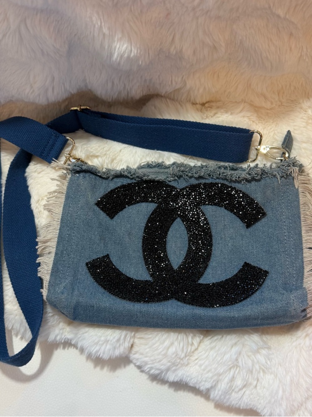 Black Glitter CC Logo Denim Crossbody Bag